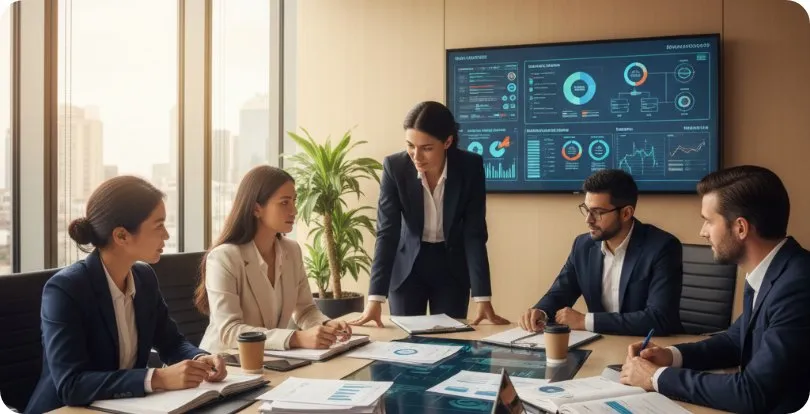 GRC specialists reviewing dashboards in a meeting room