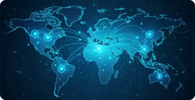 Illuminated world map showing the global implementation network